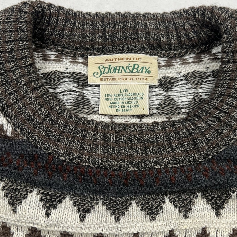 St. John's Bay Sweater Mens Large Brown Geometric Diamond Knit Crewneck Pullover - Picture 3 of 6